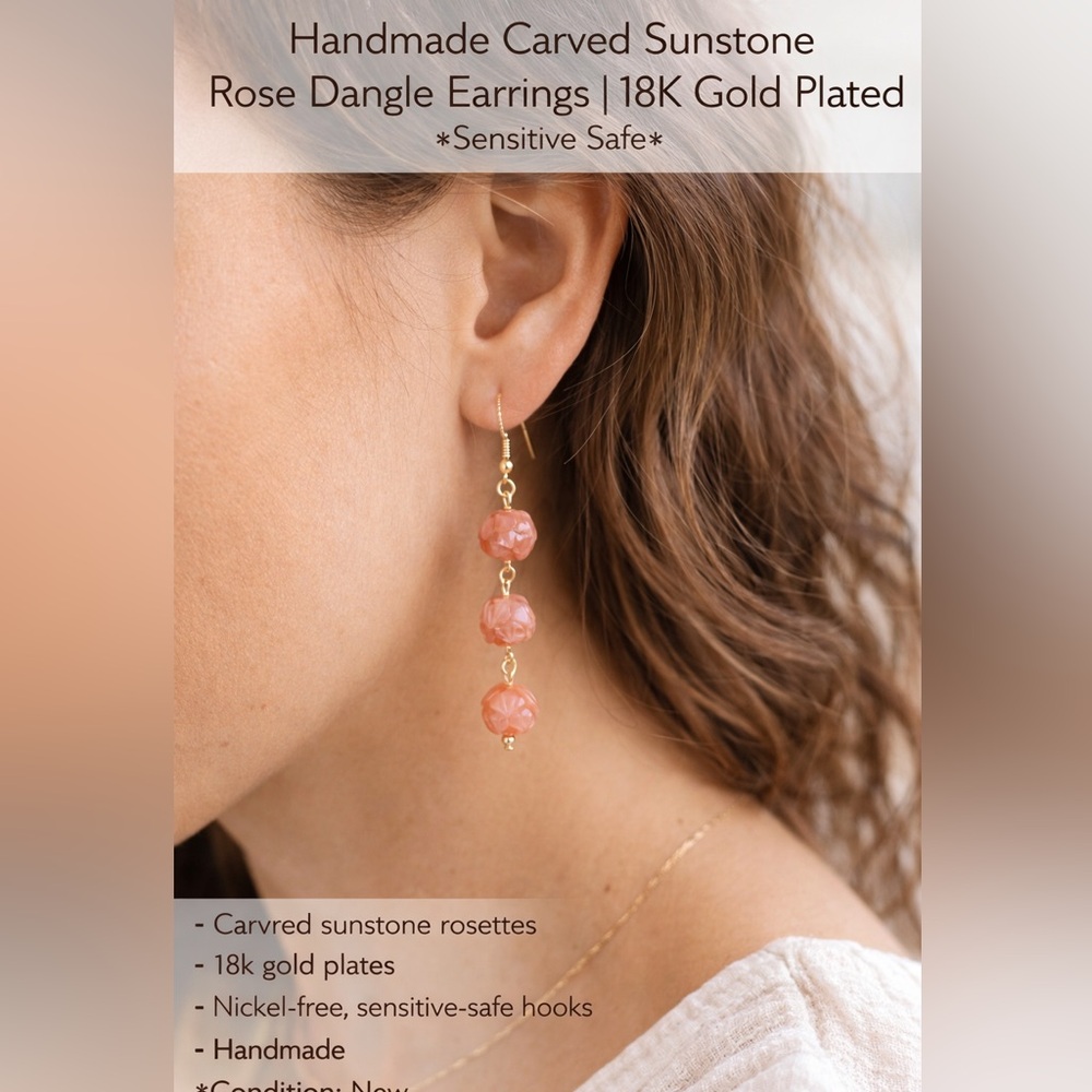 Handmade Sunstone Rose Dangle Earrings | 18K Gold Plated | Sensitive Safe
